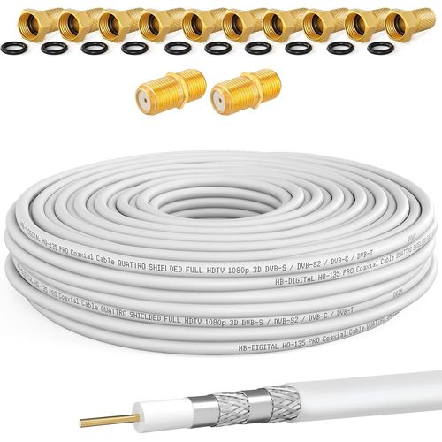 HQ-135 PRO Câble satellite coaxial 130 dB 30 m quadruple blindage pour installations DVB-S / S2 DVB-C et DVB-T BK + 10 fiches F plaquées or et 2 connecteurs F
