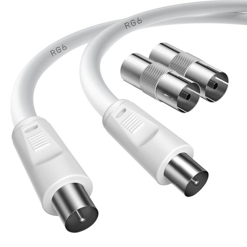 Cable TV Antenne Câble d'antenne TV mâle vers mâle de 15m avec 2 adaptateurs femelle vers femelle pour TNT, tv numérique et Sky Box