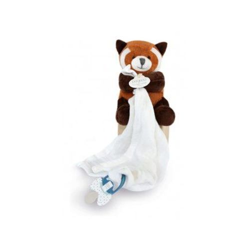 Peluche Doudou attache tetine Panda roux 12 cm, carre lange - Boite Cadeau - Naissance, bebe - Set Jouet Eveil et Carte animaux