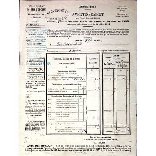 Impot Taxe Foncière 1898 - Maisse