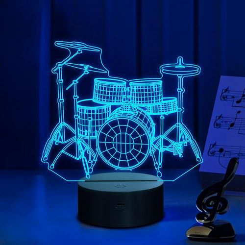 Kit De Batterie Veilleuse, Lampe Illusion 3d Pour Enfants, 16 Couleurs Changeantes Avec Télécommande Et Minuterie, Idée Incroyable Pour Instruments De Musique