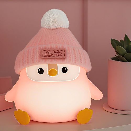 Veilleuse En Silicone En Forme De Pingouin Mignon Rose Avec Chapeau Tricoté, Veilleuse Douce Pour Chambre D'enfant, Rechargeable Par Usb/Intensité Variable, Lampe De Chevet Led Fantaisie