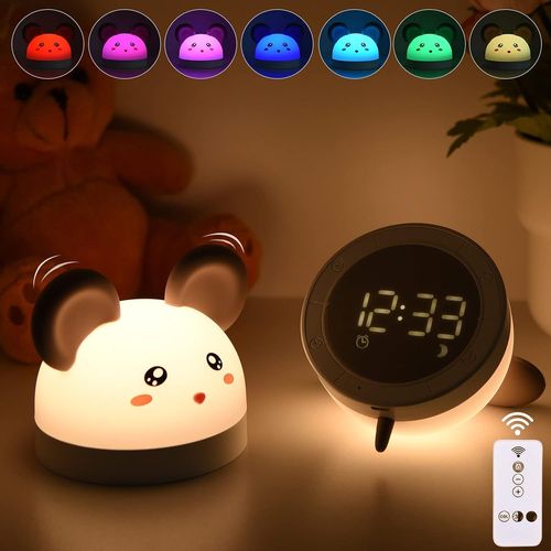 Veilleuse Enfant 3-En-1 Réveil Et Veilleuse 7 Couleurs Led Portable Gollum Souris Horloge De Chevet En Silicone Luminosité Réglable Avec Télécommande Usb Rechargeable Veilleuse Bébé