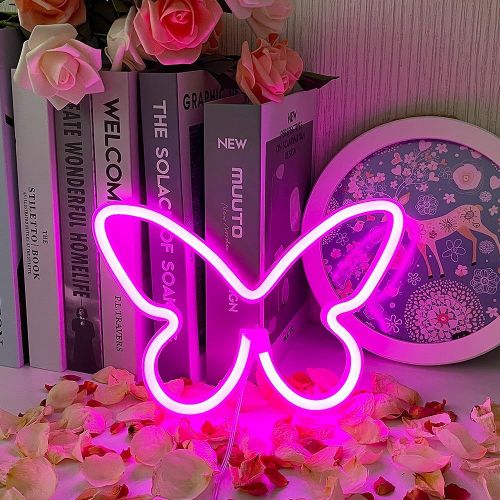Papillon Enseigne Néon Rose Enseigne Au Néon Usb & Batterie Powered Powered Veilleuse Néon Led Enseignes Pour La Fête De Mariage Partie Murale Partie D'anniversaire Camping[Led5261070]