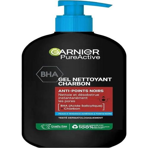 Garnier Pure Active - Gel Nettoyant Charbon - Points Noirs & Boutons - Nettoie & Désincruste - Peaux À Tendance Acnéiques - 250 Ml 