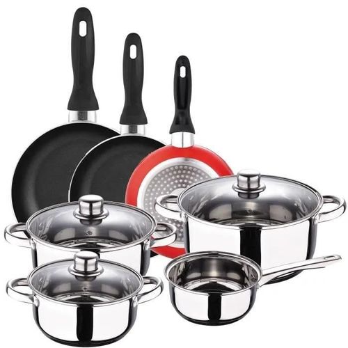 San Ignacio Cassel Batterie 7 Pièces + 3 Poêles Ø16-Ø20-Ø24 Cms Rouge Antiadhésif, Induction