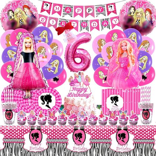 GOTHICANA BY EMP104 Pcs Barb Décoration Anniversaire Fille 6 Ans - Vaisselle, Ballons Hélium, Assiettes, Gobelets, Serviettes, Nappe - Deco Gâteau