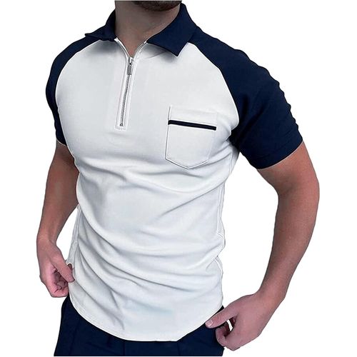 Polo À Manches Courtes Pour Homme - Chem D'affaires Avec Fermeture Éclair - Motif Imprimé - Manches Courtes - Coupe Ajustée - Pour Les Loisirs - Pour Homme - Pour L'été, Blanc3, Xxxl