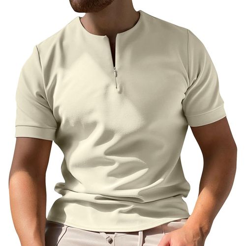Polo À Manches Courtes Pour Homme - Chem D'affaires Avec Fermeture Éclair - Motif Imprimé - Manches Courtes - Coupe Ajustée - Pour Les Loisirs - Pour Homme - Pour L'été, Beige., L