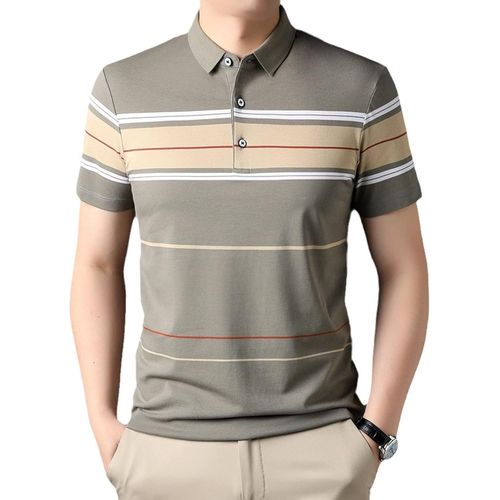 Polo À Manches Courtes Homme - Chem De Fond De Style Coréen À Rayures De Couleur Contrastée D'été, Cadeau De Fête Des Pères En Coton Coupe Régulière, Comme Indiqué, M