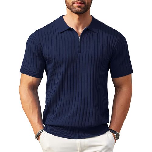 Polo Homme Manches Courtes Golf Polo En Maille Avec Fermeture Éclair Été Léger Polos Homme Bleu Marine L
