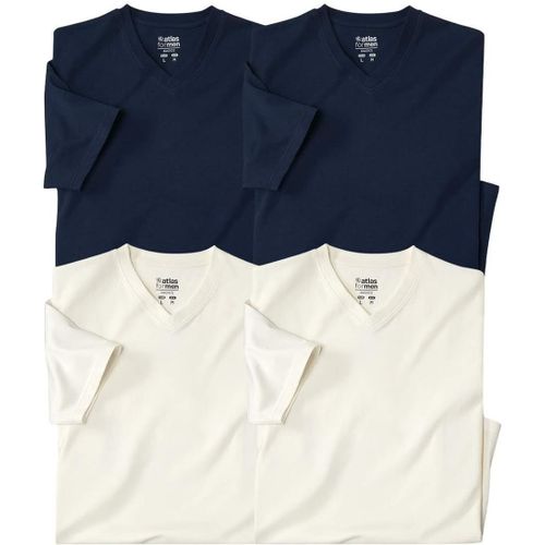 - Lot De 4 Tee Shirts Homme Coton - Blanc/Bleu Marine - Manches Courtes - Col V - Disponible En Grandes Tailles Du M Au 5xl
