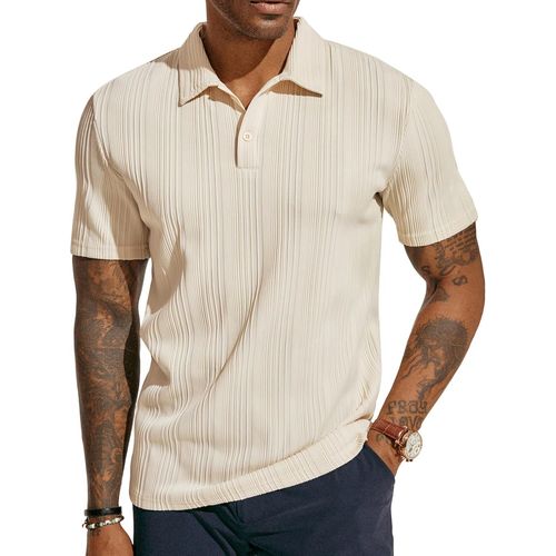 Polo À Manches Courtes Pour Homme - 2 Boutons - Coupe Droite - Rayures - Sportif, Abricot