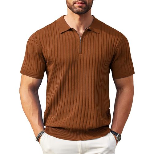 Polo À Manches Courtes Avec Fermeture Éclair Pour Homme, En Tricot Côtelé Tendance Et Décontracté