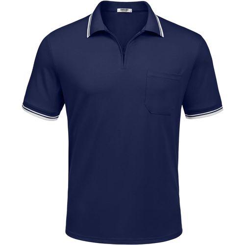 Polo Homme Manches Courtes Zip Polo Uni Col Rabattu Polo Été Basique Avec Poche Poitrine Style Sport A-Bleu Marine L