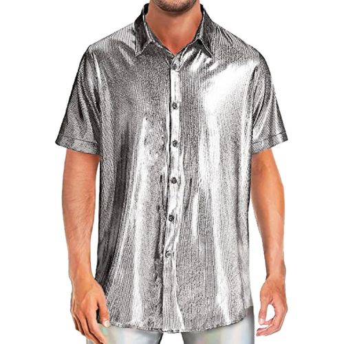 Chem À Paillettes Pour Homme - Manches Courtes - Tenue Des Années 70 - Haut À Paillettes - Tenue De Festival - Costume Brillant - Polo Métallique - Coupe Ajustée - Chem De Loisirs