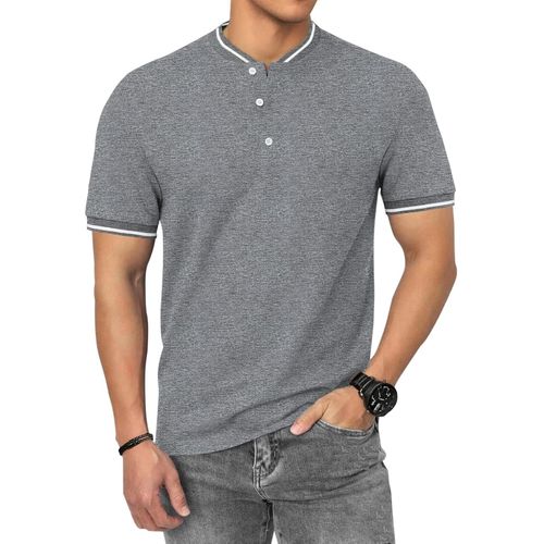 Henley Polo À Manches Courtes Pour Homme En Coton Avec Boutonnière Et Bordure Contrastée