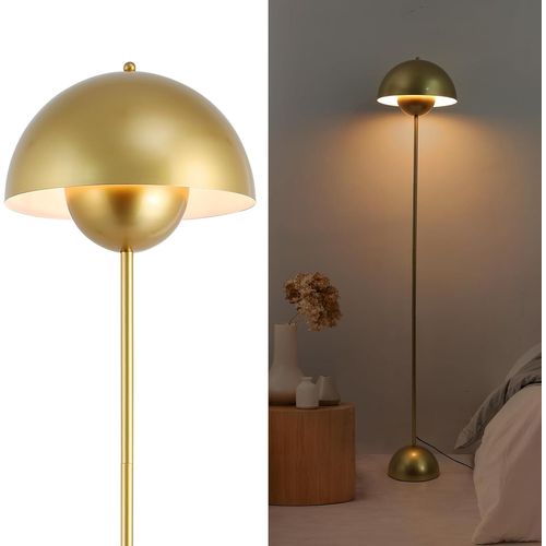 Lampadaire En Acier Avec Abat-Jour Bombé ¿ Style Scandinave Et Rétro ¿ Éclairage Indirect Vers Le Bas ¿ Douille E27 ¿ Interrupteur Au Pied ¿ Pour Salon Ou Chambre (Doré)
