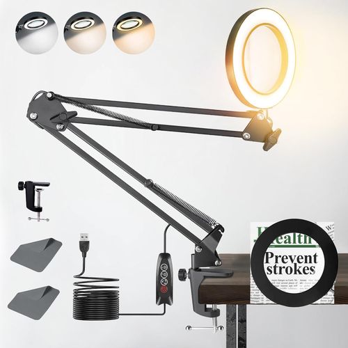Lampe De Bureau Avec Loupe 10x Et Led, Loupe Sur Pied Avec 3 Modes De Couleurs Et 10 Niveaux De Gradation, Lampe Loup Avec Bras Pivotant Réglable Pour Lire Et Travailler