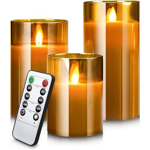 Cloudds_Bougies Led Bougies Sans Flamme 4"" 5"" 6""Lot De 3,Lumières De Bougies,Bougies À Piles Piliers En Verre Gris Mode De Flamme De Mèche Scintillante Réaliste,Bougies De Télécommande Minuterie 24 H