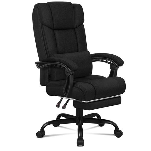 Alfordson Chaise De Bureau, Chaise De Bureau Avec Support Lombaire Réglable, Chaise De Travail Pivotante À Haut Dossier Avec Repose-Pieds, Tissu Lin (Noir)