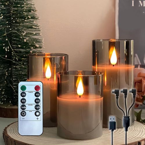 Cloudds_Lot De 3 Bougies Led Sans Flamme,Rechargeables En Cire Véritable Avec Télécommande Et Minuterie,Mèche En Forme De Larme,Bougies Électroniques En Verre Transparent Gris Pour Décoration De
