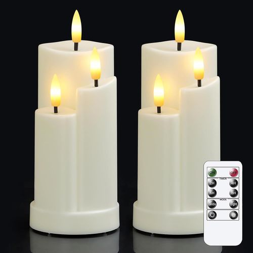 CLOUDDS_Lot De 2 Bougies Sans Flamme À 3 Mèches En Plastique Led Ivoire Avec Télécommande,7,5Cm X15Cm Bougies Pilier À Piles Fonctionnant Par Scintillement Et Minuterie