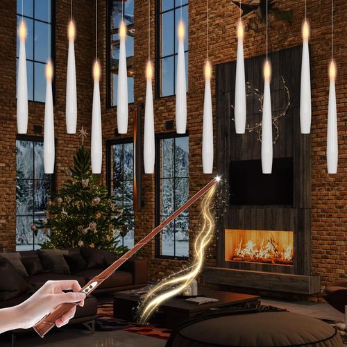 Cloudds_Lot De 12 Bougies Flottantes Avec Baguette-Décoration De Noël-Bougie Conique À Suspendre-Lumière Vacillante Sans Flamme-Bougie De Centre De Table Pour Soirée Cinéma,Fête