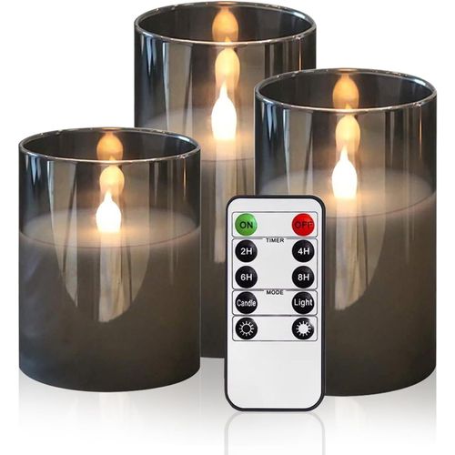 CLOUDDS_Lot De 3 Bougies Led Sans Flamme Vacillantes En Verre Gris Argenté À Piles Avec Télécommande,Mèche 3D Réaliste À Lumière Chaude Avec Minuteur,7,6 X 10,2 X 12,7 X 15,2 Cm