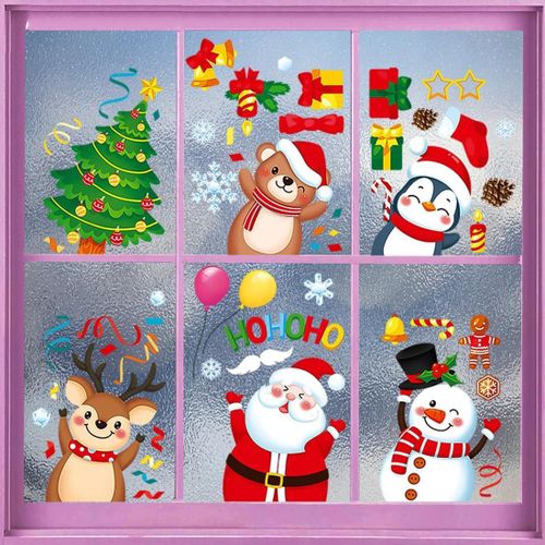 Ytseazn-Autocollant Noël Fenêtre,Decoration Noel Interieur Maison Stickers Pere Noel Fenetre Réutilisable Amovible Pour Magasin Vitre Vitrine Porte,Grand Coloré Bonhomme De Neige Autocollants Hiver Sticker