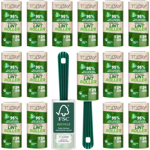 Ytseazn-Eco-Rouleau Adhesif Vetement 16 Rouleaux Avec Couvercle+2 Brosses. Plastique 95% De Matériaux Recyclés. Brosse Anti Poil Animaux