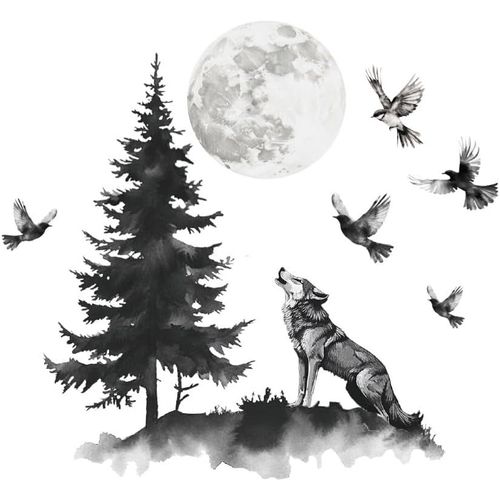 Ytseazn-2 Feuilles Loup Lune Sticker Mural Peel And Stick Wall Stickers Forêt Noir Et Blanc Stickers Murals Art Pour Salon Chambre Canapé Fond Décoration Diy Maison Créatif Maison Art Mural Décor