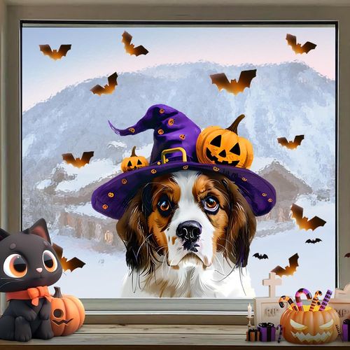 Ytseazn-Autocollants De Fenêtre D'halloween Pour Enfants,Citrouille,Lutin Fantôme,Halloween,Chien Cool,Décoration De Fenêtre,Fête,Film De Fenêtre Autocollant Pour Verre,Miroir,Porte,4 Feuilles