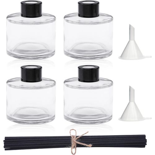ytseazn-Lot De 4 Flacons Diffuseurs De Parfum En Verre Rechargeables Avec 20 Bâtonnets De Roseaux,Bouchons Noirs Et Entonnoir Pour Décoration D'Intérieur,Cadeau Pour Fille Et Femme (100 Ml)