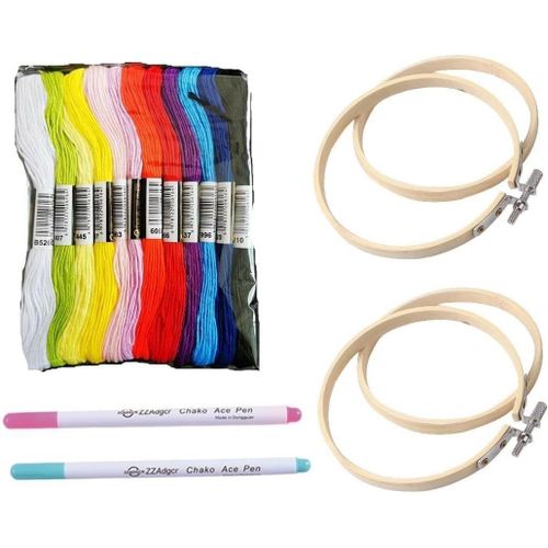Ytseazn-Lot De 4 Fils À Broder Pour Adultes-Cadre À Broder En Bambou De 20cm Avec 4 Morceaux De Tissu,12 Fils De Couleur Et 2 Stylos Pour Broderie,Artisanat,Bricolage,Broderie,Artisanat