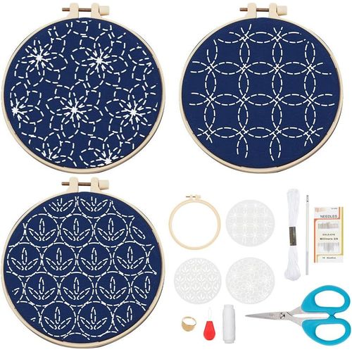 Ytseazn-Freebloss Sashiko Lot De 3 Kits De Broderie Sashiko Pour Débutants,Avec Fil À Broder,Aiguilles,Kits De Broderie En Tissu Et Cadre À Broder Pour L'apprentissage Pour Adultes,Décoration Murale Pour