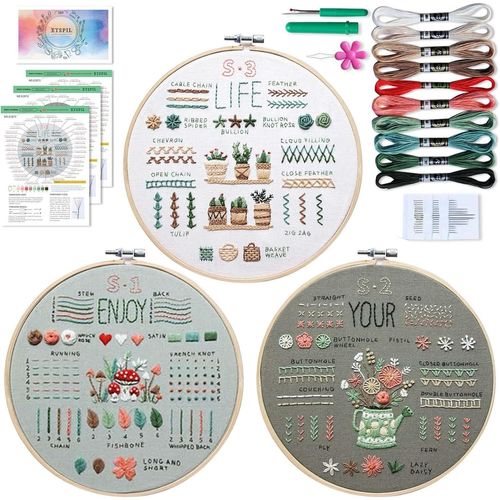 Ytseazn-Kit De Démarrage De Broderie,Fils À Broder Kit Avec Patrons Et Instructions,Kit De Broderie Débutant Outil 1 Cerceaux 3 Tissu Brodé,Pour Amateurs De Couture Adultes Débutants