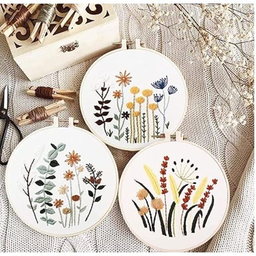 Ytseazn-Kit De Démarrage De Broderie,3 Pcs Fils À Broder Kit,Avec Patron De Couture Et Description Motif Floral Plantes Kit De Point De Croix Kit D'outils De Démarrage,Pour Bricolage (02)