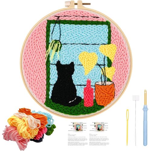 Ytseazn-Punch Needle Kit Chat Broderie Pour Adultes Enfants Débutants Crafts D'aiguilles À Poinçonner Adjustable Avec Instructions