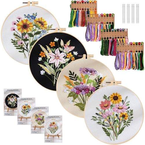 Ytseazn-Kit De Démarrage De Broderie,4 Pièces Fils À Broder Kit,Broderie Débutant Outil,Embroidery Starter Kit Pour Adultes Débutant,Kit D'aiguilles De Fils De Couleur,Cerceaux De Broderie