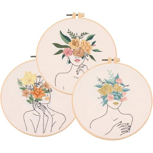 Ytseazn-Fils À Broder Kit,Broderie Débutant Outil,Comprenant 1 Cerceaux 3 Tissu Brodé Lot De 3 Kits De Point De Croix Avec Motif Floral Original Body Art Comprenant