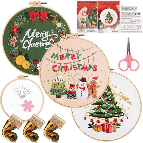 Ytseazn-Kit De Broderie Pour Débutants,Noël Broderie Kit Complet,Christmas Broderie Kit,Kit Point De Croix Livré Avec 1 Cercle À Broder En Plastique,Du Fil Coloré Et Des Outils Pour Bricolage,Artisanat