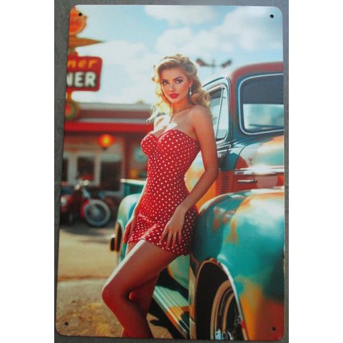 Plaque Pin Up Robe Rouge Poids Blanc Vieux Pick Up 30x20cm Tole