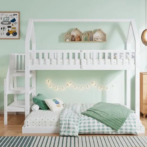 Lit Simple Avec Escalier, Lit D'enfant Avec Protection Contre Les Chutes Et Barrière, Cadre De Lit En Pin, Blanc (90x200 Cm)