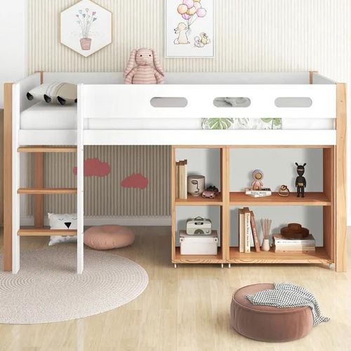 Lit Superposé Avec Espace De Rangement Et Armoire Mobile, Pin + Mdf, Naturel + Blanc, 90x200 Cm