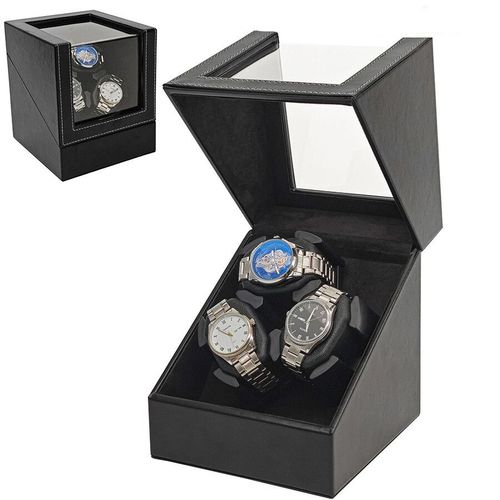 Remontoir De Montre Pour Montres Automatiques,Boîte De Rangement,Boîtier De Montre Mécanique Anti-Poussière,Coffre-Fort En Bois De Noyer Noir,Lumière Ambiante Led - Type Usb Power ( Leather)