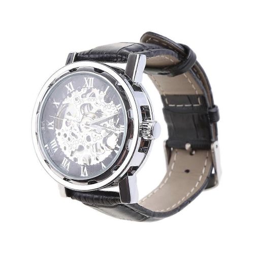 Classique Homme Cuir Noir Squelette Cadran Mécanique Armée Montre-Bracelet Sport