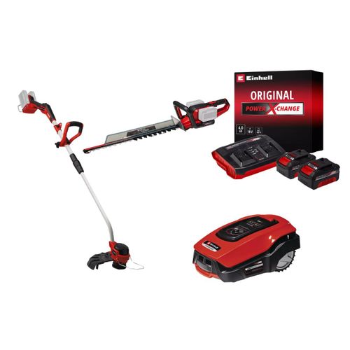 Kit premium jardin sans fil Einhell ? Taille-haies 36V, coupe-bordure 36V, robot tondeuse + batteries 4.0Ah