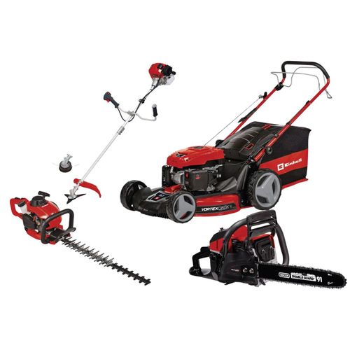 Kit thermique jardin Einhell ? Tondeuse 56 cm, débroussailleuse, taille-haie, tronçonneuse