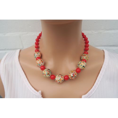 Collier Vintage Années 60/70 ¿ Perles Rouges Et Mouchetées Colorées